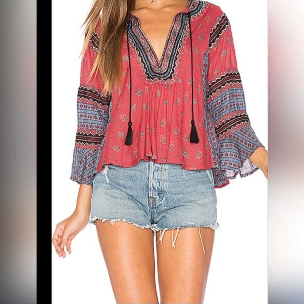 Free People Red Boho Peasant Blouse with Blue Printed Sleeves